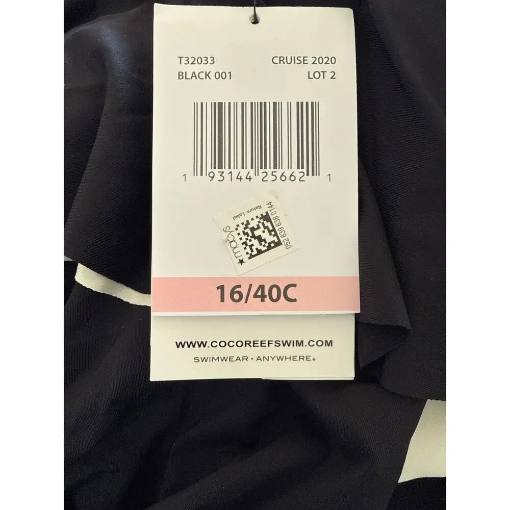 Coco Reef Black Cream Agate Ruffle Bandeau UW One Piece Swim Suit 16 40C NWT - Picture 5 of 6